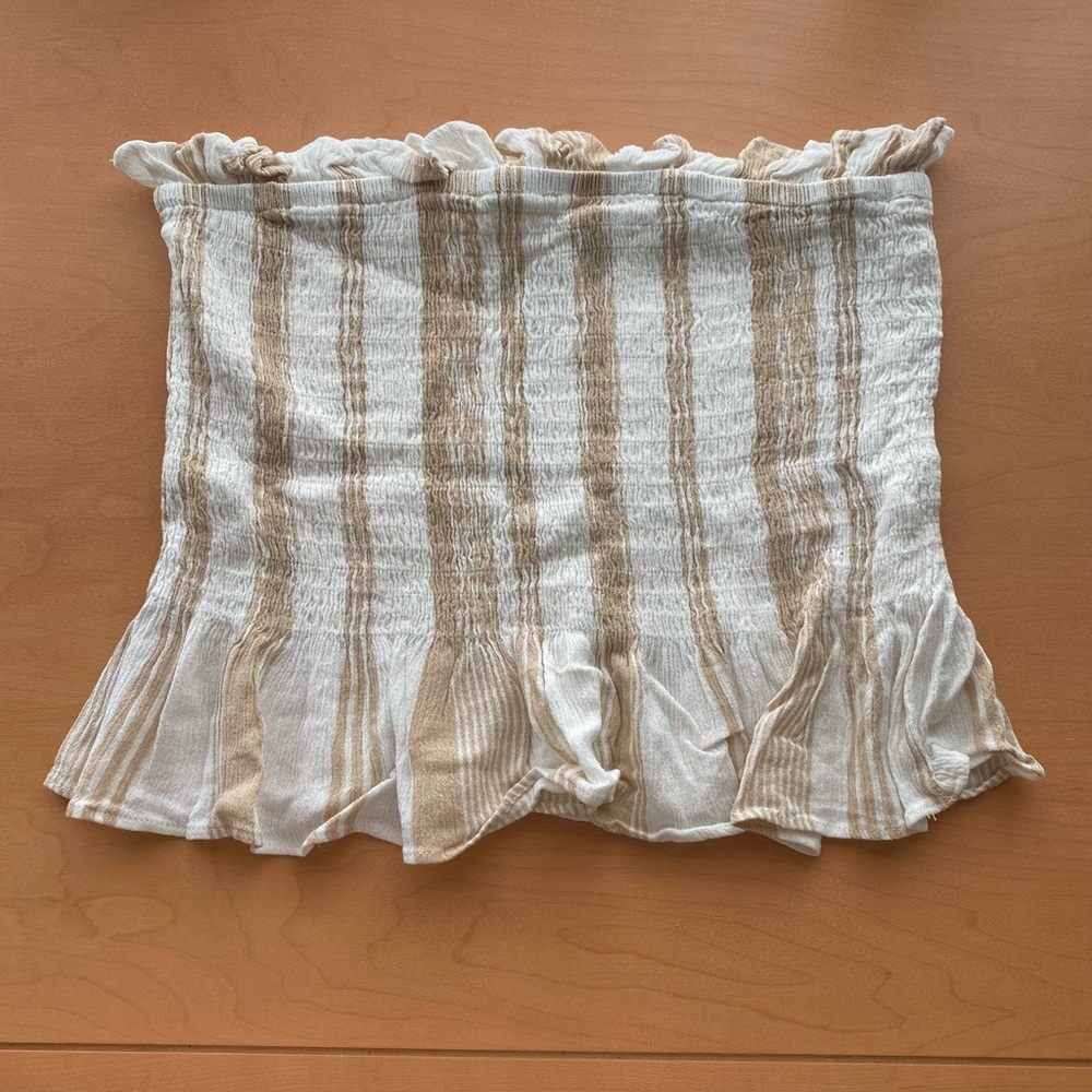 Cream Striped Ruched Tube Top
